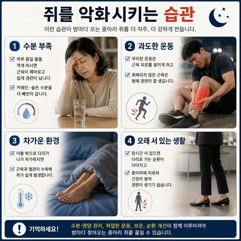 야간 종아리 쥐를 악화시키는 습관